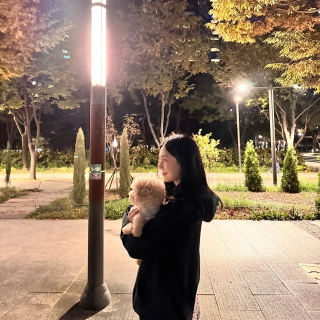 백진희, 반려견과 함께하는 가을밤 산책…편안한 후디 스타일/사진=백진희 인스타그램