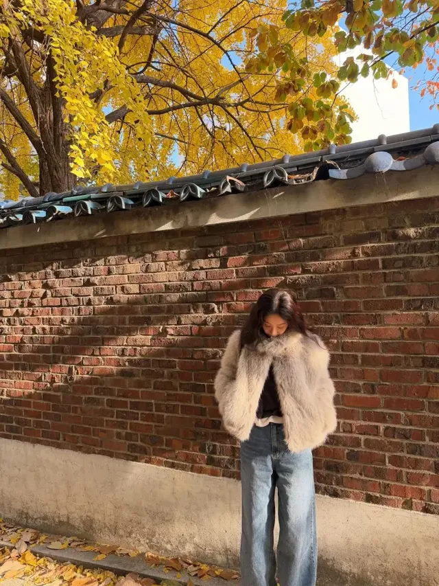 정려원이 늦가을 골목길을 거닐며 포슬한 퍼 재킷으로 따뜻한 분위기를 연출하고 있다. /사진=정려원 인스타그램