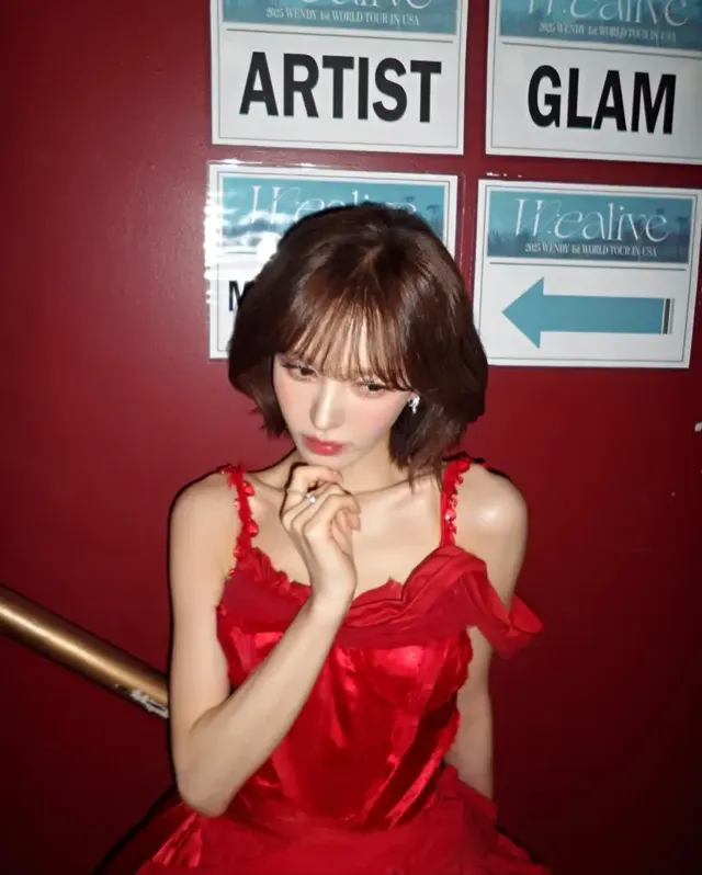붉은 벽을 배경으로 깊은 루비빛 드레스를 입고 포즈를 취하는 웬디의 모습. /사진=웬디 인스타그램