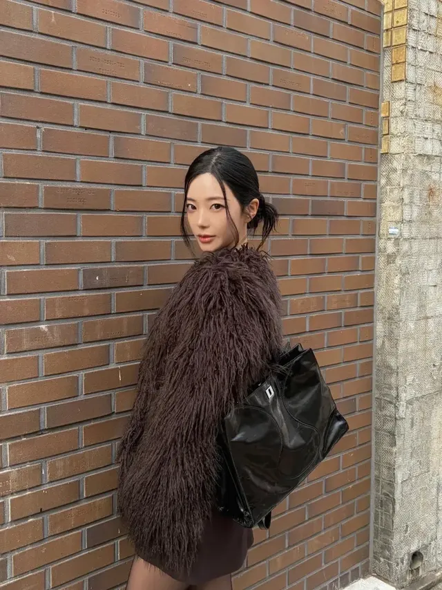 벽돌 담장을 배경으로 윤하정이 퍼 코트와 가죽 가방의 텍스처 대비를 통해 도시적인 겨울 무드를 연출했다. /사진=윤하정 인스타그램 