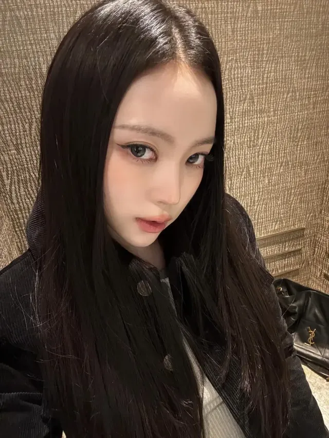 호텔 욕실 거울 앞에서 라이트 그레이 크롭 니트와 블랙 팬츠, 웨스턴 벨트로 완성한 모노톤 시크룩을 선보이는 나린. /사진=나린 인스타그램