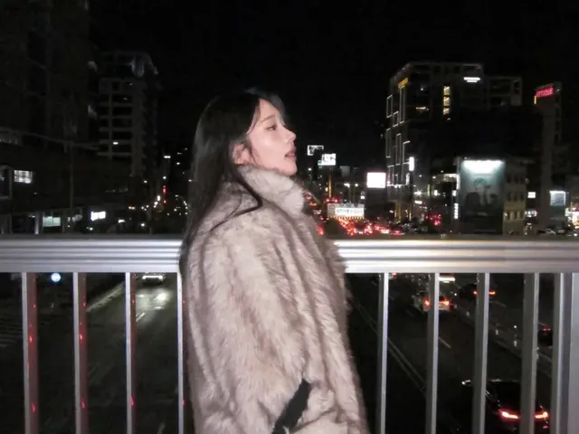 레드 도어 앞에서 포근한 페이크 퍼 코트와 블랙 터틀넥으로 완성한 노지선의 겨울 패션. /사진=노지선 인스타그램