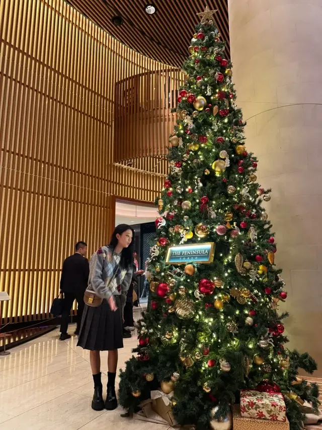 장승연이 도쿄 지하철 안에서 그레이 아가일 니트와 체크 스커트를 매치한 클래식 프레피룩을 선보인다. /사진=장승연 인스타그램