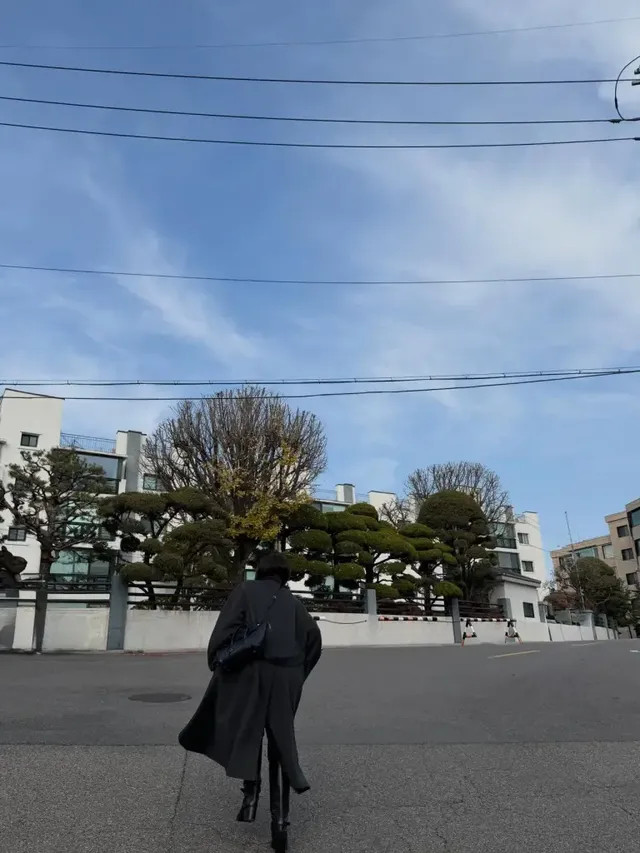 차분한 거리 풍경 속에서 완성된 클래식 블랙 아우터 스타일. /사진=최지우 인스타그램