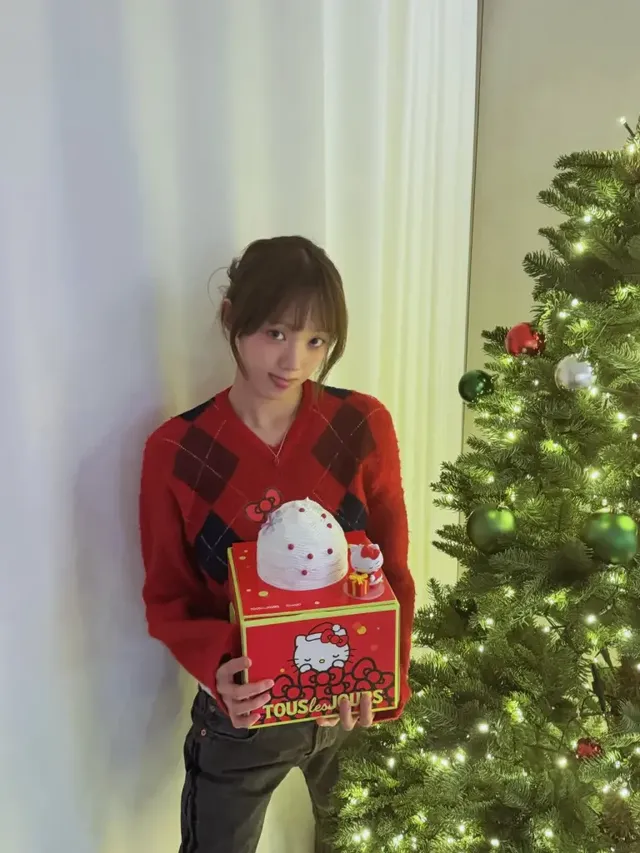 크리스마스 트리 옆에서 레드 아가일 니트를 입고 포즈를 취하며 따뜻한 연말 분위기를 전하는 배우 이성경/사진=이성경 인스타그램