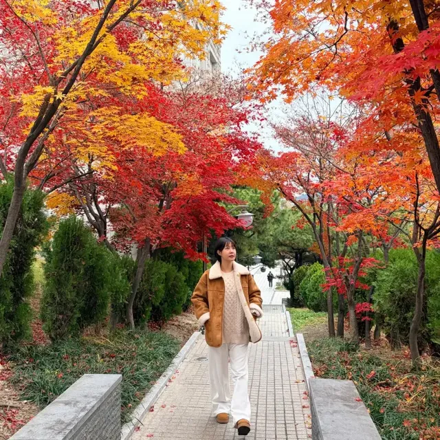 클래식한 디자인의 시어링 코트와 화이트 팬츠의 조화로 편안하면서도 세련된 가을 데일리룩을 완성한 모습이다. /사진=최윤영 인스타그램