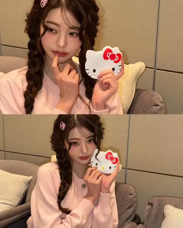 핑크 카디건 & 빈티지 버튼 | 파스텔 핑크 니트에 화려한 버튼 장식으로 로맨틱한 분위기를 극대화함 /사진=장원영 인스타그램