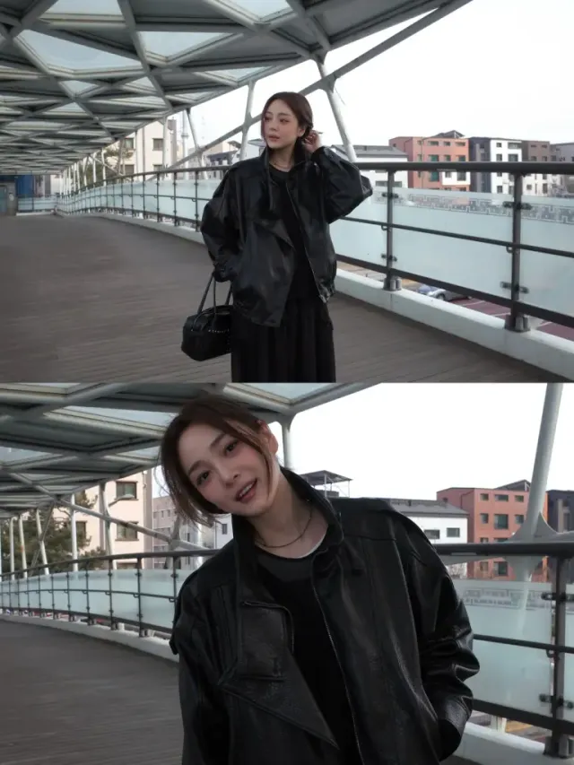 #레더재킷 #거울셀카 | 투박한 실루엣 속에서도 감춰지지 않는 시크한 아우라 /사진=한재인 인스타그램