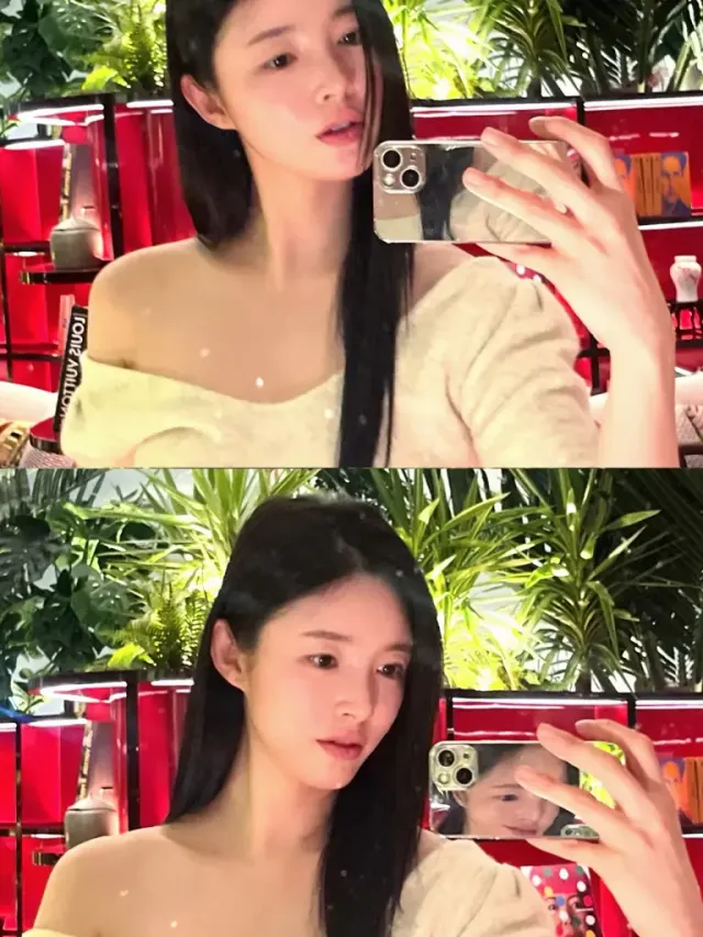 화이트 데님 & 니트 | 톤온톤 매치로 완성한 건강미 넘치는 전시장 셀프 카메라 /사진=유승옥 인스타그램