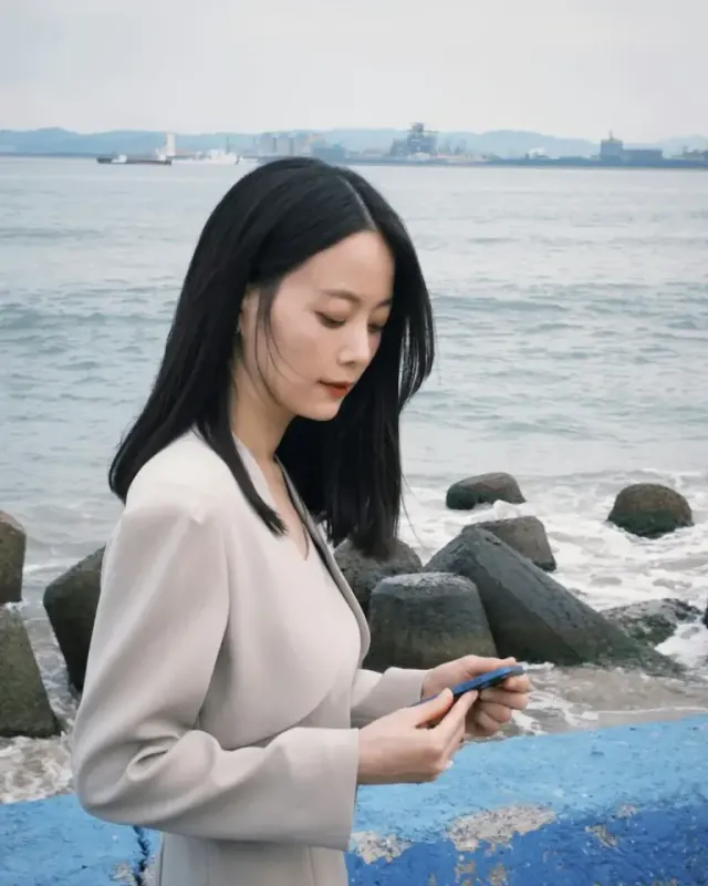 베이지 셋업 룩 | 해안가의 거친 질감과 대비되는 매끄러운 구조미의 정점 /사진=손여은 인스타그램