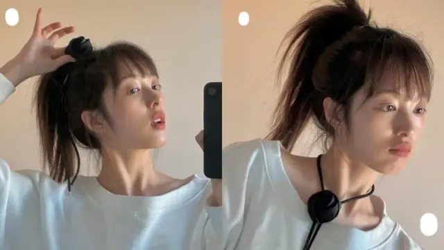 로제트 초커 & 화이트 스웨트셔츠 | 볼륨감 있는 꽃 장식 액세서리로 포인트를 준 미니멀 룩 /사진=김보라 인스타그램