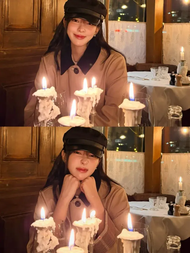 캔들라이트 디너룩 | 베이지 코트와 블랙 캡의 조합, 레스토랑 무드까지 완벽하게 소화 /사진=신수현 인스타그램