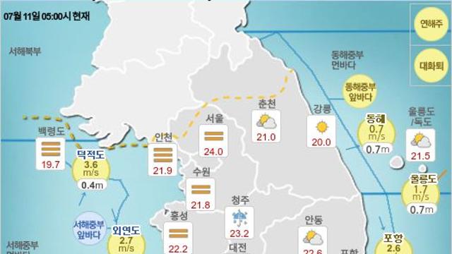 오늘의 날씨, 7월 11일 오전 6시~9시 기준 날씨는 서울 맑음 ~ 제주 흐림