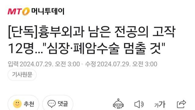 흉부외과 남은 전공의 고작 12명…