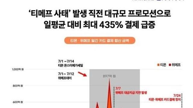티메프 사태 직전 하루 카드결제액 900억원…일평균 결제액 比 435% 증가