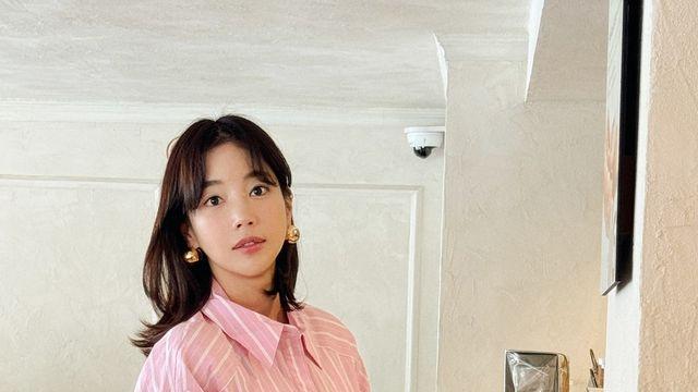 기은세, 핑크 셔츠&롱 스커트... 러블리 스타일링의 정석