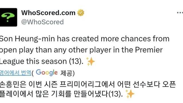 [WhoScored] 손흥민 오픈플레이 찬스메이킹 1위