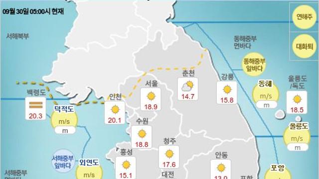 오늘의 날씨, 9월 30일 오전 6시~9시 기준 날씨는 서울 맑음 ~ 제주 구름 많음