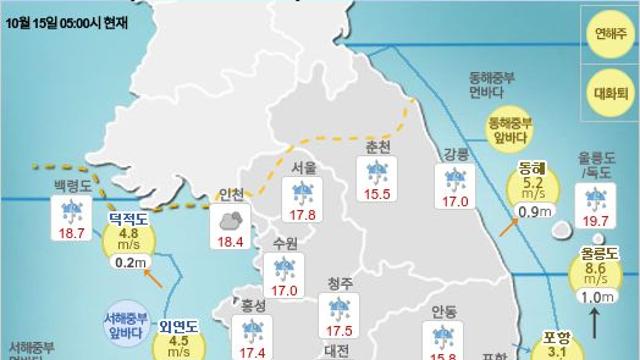 오늘의 날씨, 10월 15일 오전 6시~9시 기준 날씨는 서울 비 ~ 제주 흐림