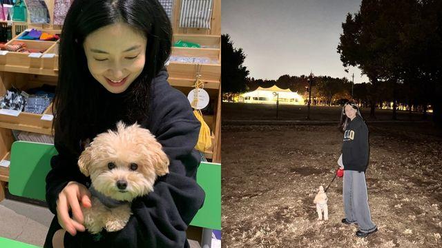 백진희, 가을밤 반려견과 함께…따뜻한 힐링 산책룩