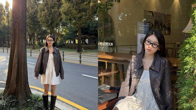 심소영, 가죽 재킷과 미니 원피스로 완성한 빈티지 가을 룩