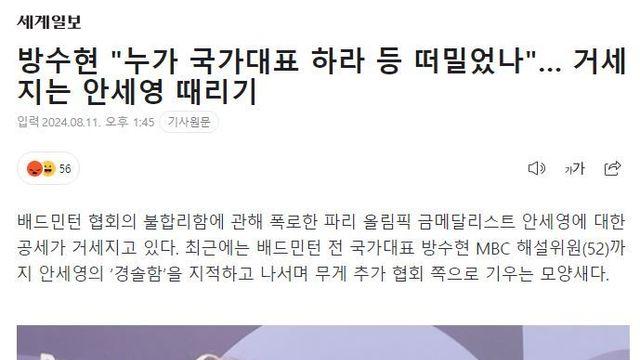 방수현 “누가 국가대표 하라 등 떠밀었나”… 거세지는 안세영 때리기.