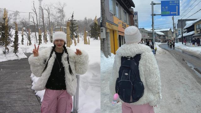 레드벨벳 조이, 핑크 카고 팬츠와 화이트 퍼 재킷으로 완성한 개성 있는 겨울룩