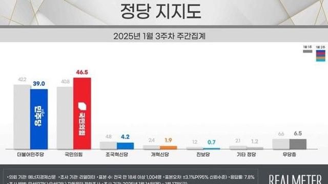 국민의힘 46.5% 민주당 39%…오차범위 밖 격차[리얼미터]