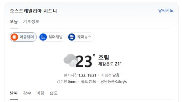 [여행날씨] 오늘 호주 시드니, 낮 최고 23도 흐림… 새벽 강한 비와 천둥 예보