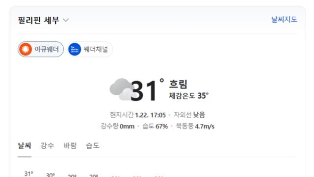 [여행날씨] 오늘 필리핀 세부, 낮 최고 31도 흐림… 밤사이 27도, 새벽 한때 천둥 소식