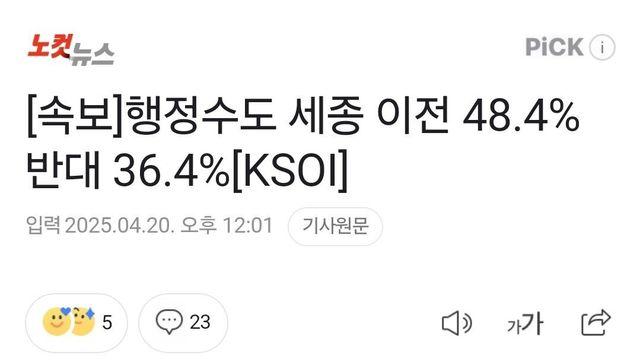 행정수도 세종 이전 찬성 vs 반대 여론조사 결과