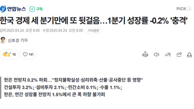 한국경제 1분기 마이너스 성장 ㄷㄷ 