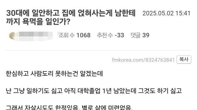 30대에 일안하고 집에 얹혀사는게 남한테까지 욕먹을 일인가?