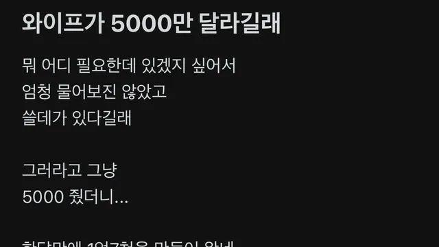 묻지도 않고 와이프한테 5천만원 준 남편의 최후,,