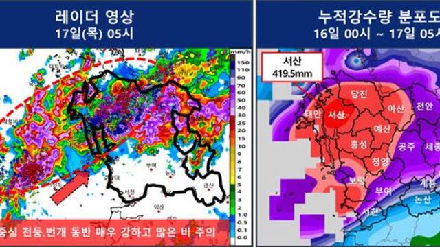 밤사이 5시간만에 서산 419㎜ 태안 307㎜ 폭우…장항선 등 열차 중지