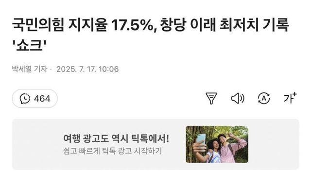 국짐 창당 이후 최저 지지율 기록