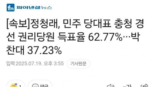 정청래, 당대표경선 충청권 득표율 62.77%로 압승