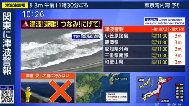 캄차카반도 M8.7 지진 영향으로 일본 쓰나미 도달중
