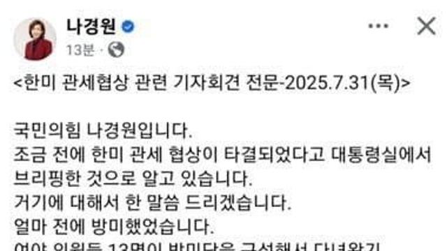 나경원 관세 협상 관련 페북업ㅋㅋㅋ