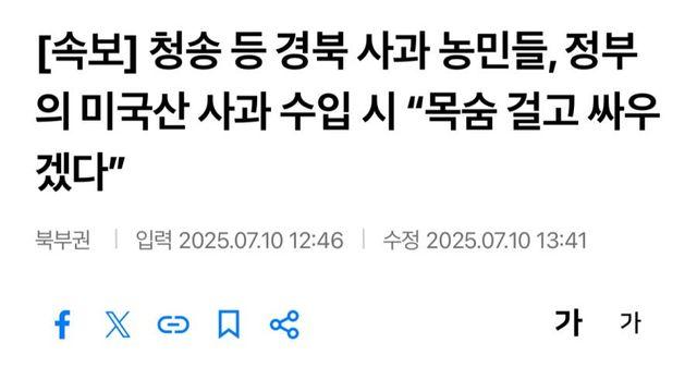 청송 등 경북 사과 농민들, 미국산 사과 수입 시 