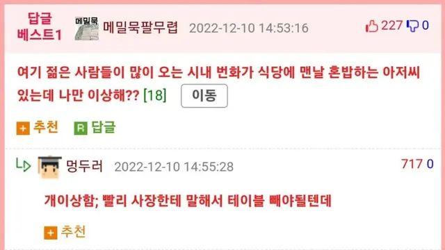 번화가 식당에서 혼밥하는 아저씨 커뮤 반응,,
