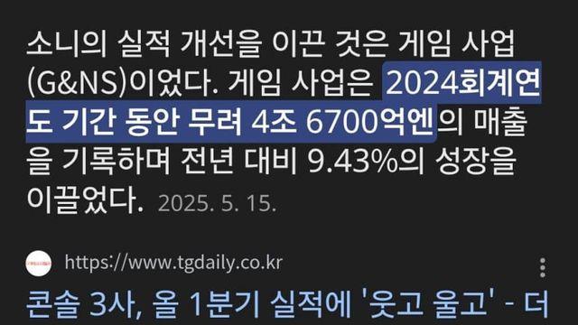 소니 게임 매출 vs 조선 게임사 총합 매출 비교