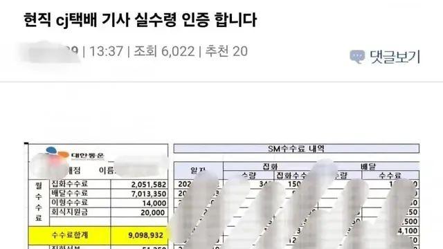 현직 CJ 택배기사…실수령 인증,,