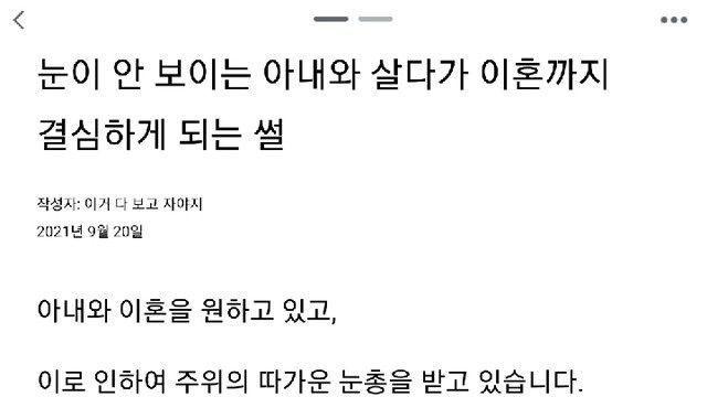 눈이 안 보이는 아내와 살다가 이혼까지 결심하게 되는 썰