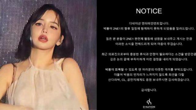 박봄, 투애니원 투어 중 활동 중단...무슨일?