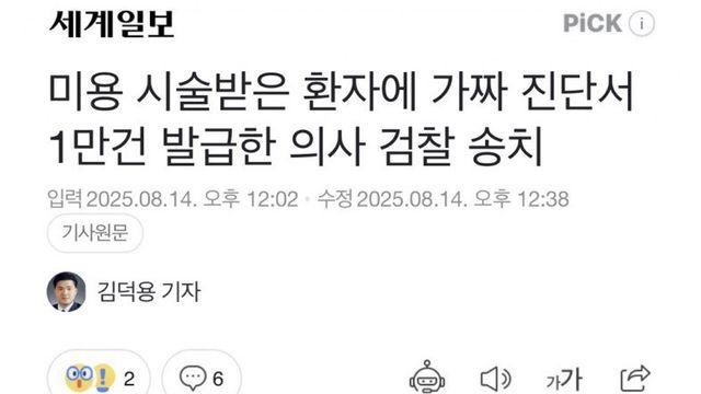 미용 시술받은 환자에 가짜 진단서 1만건 발급한 의사 검찰 송치
