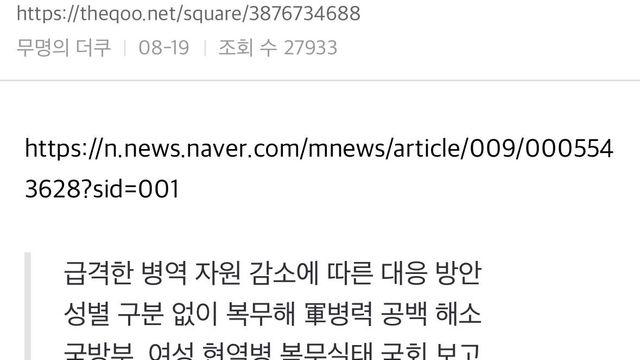 여성 현역병 복무 병역법개정안 발의 여초 언냐들 반응 