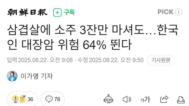 삼겹살에 소주 3잔만 마셔도…한국인 대장암 위험 64% 뛴다
