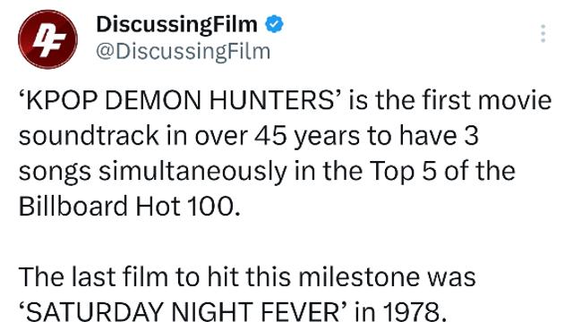 45년만에 빌보드 HOT100 톱5 3곡이 동시진입한 사운드트랙 