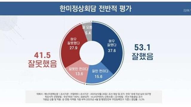 한미 정상회담 '잘했다' 긍정평가 53.1%·'잘못했다' 부정평가 41.5%[리얼미터]